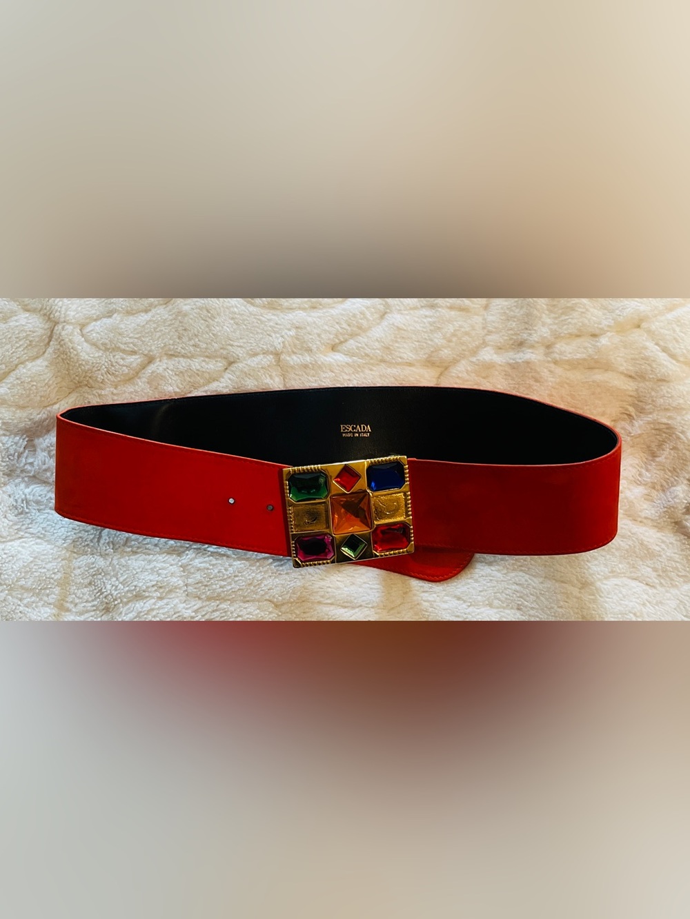 Vintage Escada multi-gem jeweled buckle wide red leather